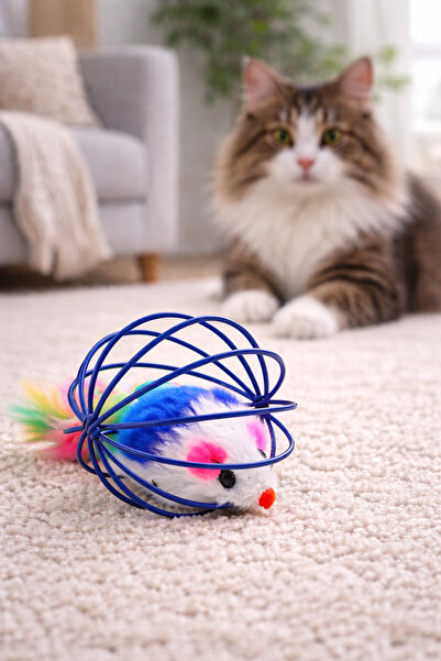 Arvital Kedi Oyuncağı Kafesli Peluş Fare Zilli Tüylü Top Oyuncak Kediler İçin...