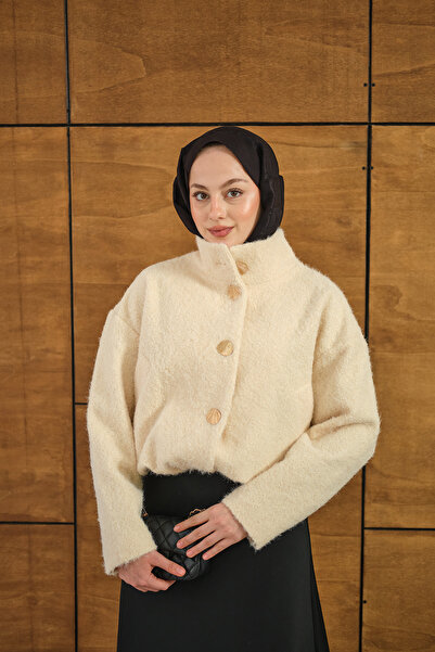 LOCCO Women's Buttoned Short Felt Coat Ecru