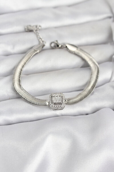 STİLLOVE 316L Steel Silver Color Baguette Zircon Stone Snake Chain Women Brac...