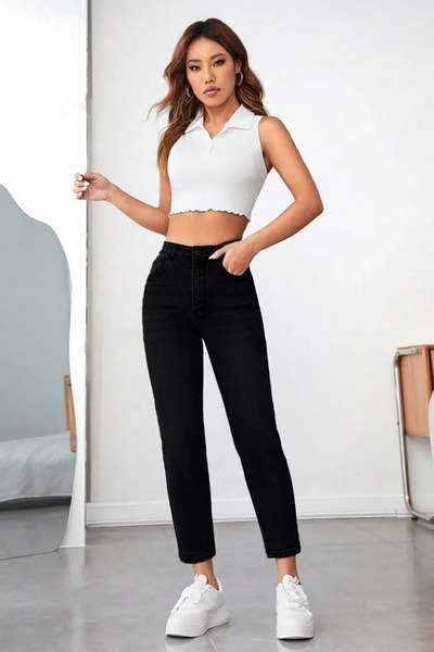 WODDİ Tof Women's Black Mom High Waist Stretchy Mom Leg Jeans Denim-2