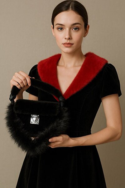 ÇANTA Velora Kadifeyapay Kürklü El Yapımı El Çantası – Siyah, Omuz & Kol Kull...