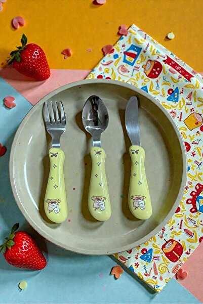 Kitchen Dream Yellow 3-Piece Children's Food Spoon Fork Spoon Set Fun Character Patterned Stainless Steel