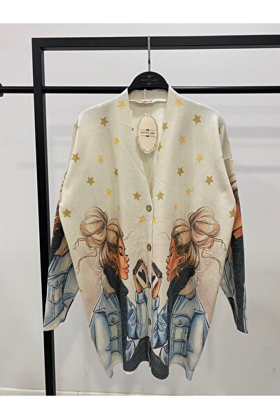 Hatun Atila Digital Printed Patterned V-Neck Buttoned Transitional Knitwear L...