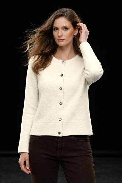 studio fashion 1988 Women's Ecru Soft Textured Metal Buttoned Knitwear Cardigan