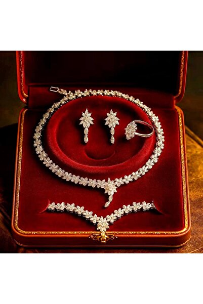 Luxiva Çiçek Motifli Zirkon Taşlı Gümüş Kaplama Lüks Kolye Küpe Bileklik Yüzü...