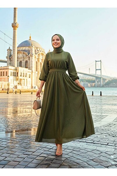 MY DREAM Simli Belden Kuşaklı HAKİ Tesettür Abiye Elbise