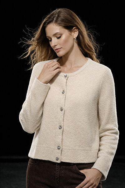 studio fashion 1988 Women's Beige Soft Textured Metal Buttoned Knitwear Cardigan