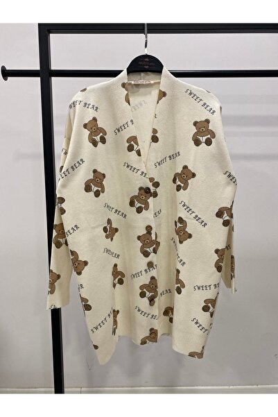 Hatun Atila Digital Printed Patterned V-Neck Buttoned Transitional Knitwear L...