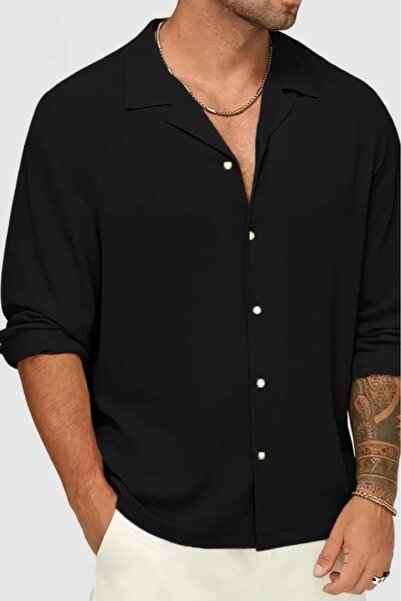 CAST COLLECTİON Men's Black Muslin Linen Shirt