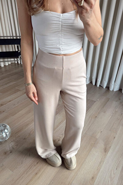 Sue Store Μπεζ παντελόνι με φαρδιά πόδια και ψηλόμεσο ελαστικό παντελόνι