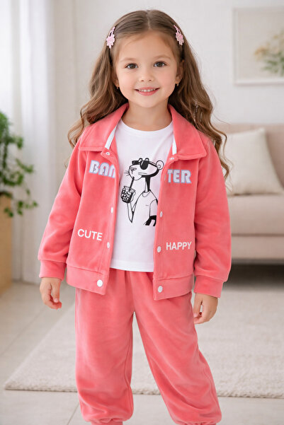 FISTIK 220-12-25 Κοριτσίστικο σετ φόρμας κοραλί ροζ βελούδινο με μπουφάν, σετ...