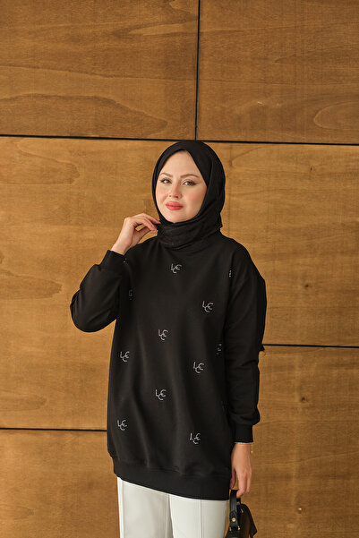 LOCCO Women's Lcc Stone Detail Crew Neck Sweatshirt Black