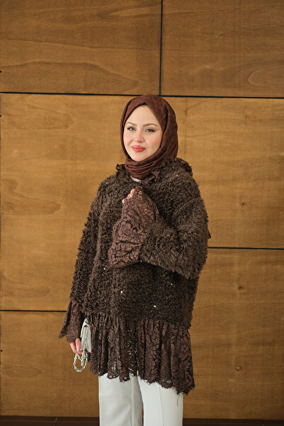 LOCCO Women's Lace Detail Plush Tunic Brown