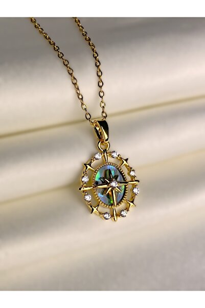 Furtek Aksesuar Pearlescent Compass Gold Steel Necklace Non-Tarnish Stainless...