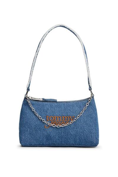 Tommy Hilfiger Kadın Zincir Aksesuarlı Fermuarlı İç Cepli Denim Lacivert Omuz...