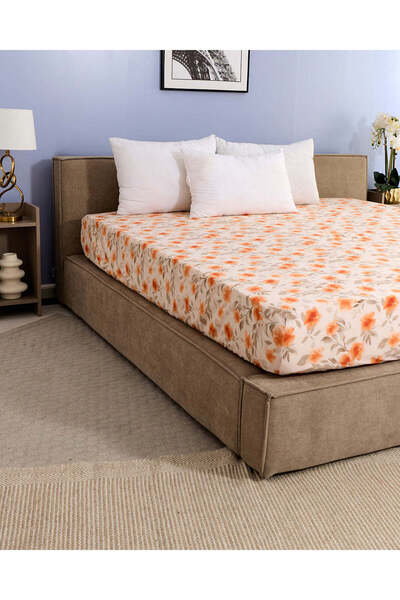 REDTAG ملاءة سرير مطاطية مطبوع بنقوش زهور برتقالية (مقاس كينج)