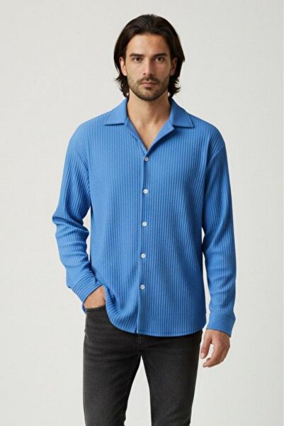 CAST COLLECTİON Men's Petrol Blue Ottoman Fabric Shirt