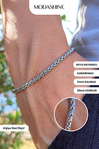 ModaShineShop سوار سلسلة فضي اللون لا يفقد لونه ومقاوم للماء للجنسين