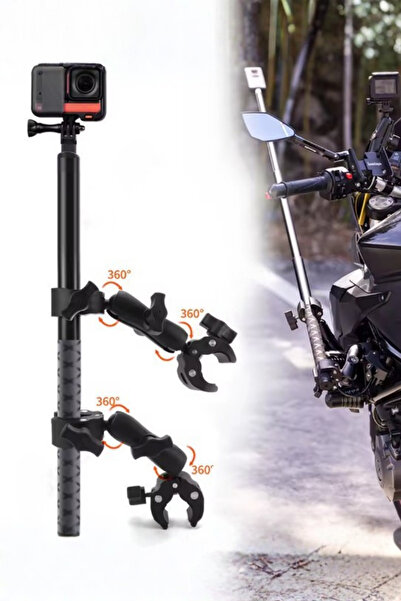 fimtech Aksiyon Kameralar İle Uyumlu Selfi Çubuğu ve Kelepçeli Motosiklet Bağlantı Seti