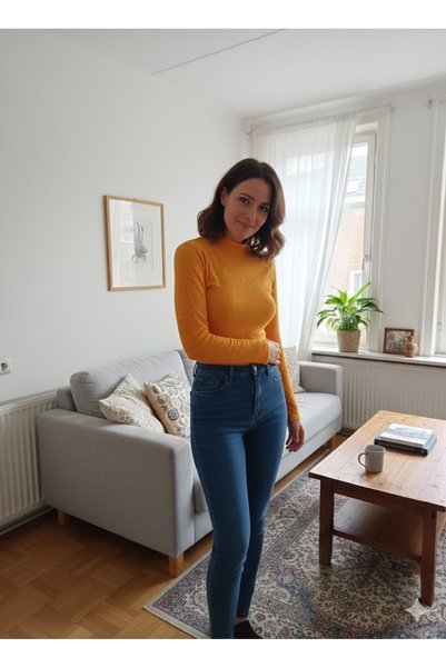 LADY HAZAL Orange Half Turtleneck Crop Body Slimfit Imported Wrinkled Fabric Long Sleeve Body Hzlkir01Body
