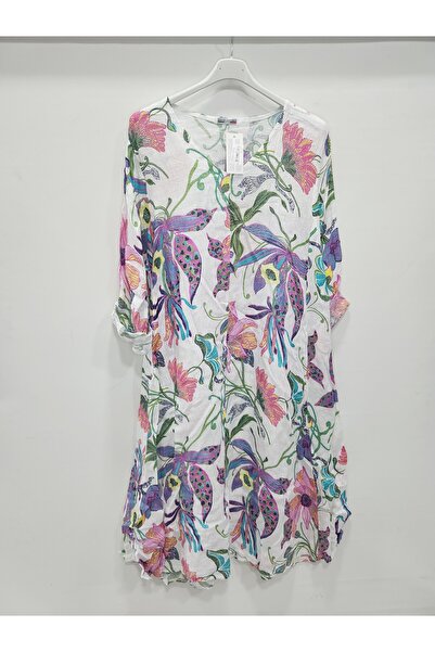 della moor White Italian Floral Patterned O Oversized Long Linen Dress 40 - 46 Size