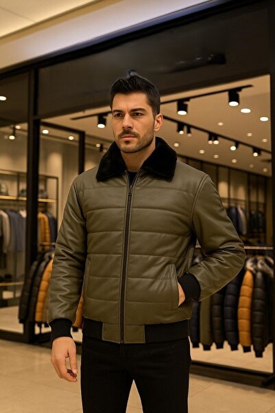 ZEGMAN Zagmen Kürk Yaka Erkek Şişme Suni Deri Mont