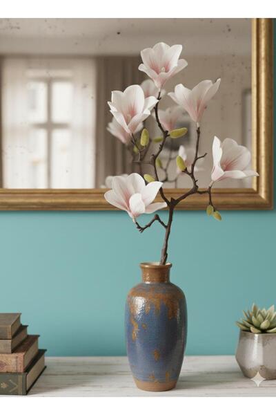 YASİMA 5 KAFALI BEYAZ KIRMIZI ESİNTİLİ MANOLYA DALI EV DEKORASYONU