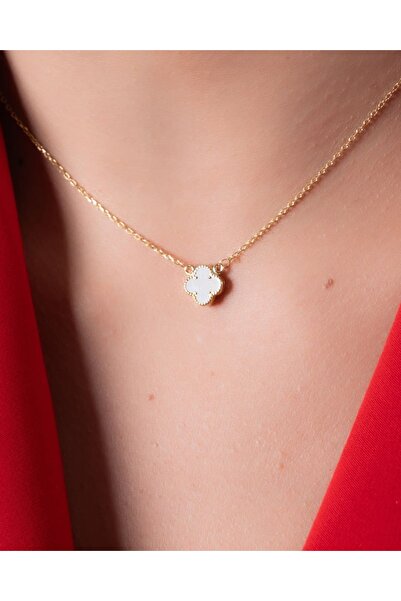 YCL JEWELLERY 8 Ayar Altın Beyaz Yonca Figürlü Kolye