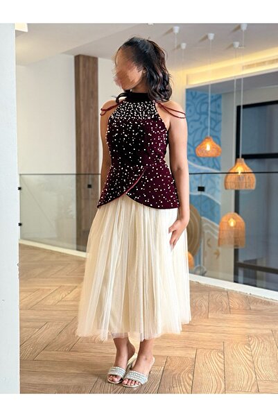 Generic Two-piece midi evening dress in burgundy and off-white with pearl details