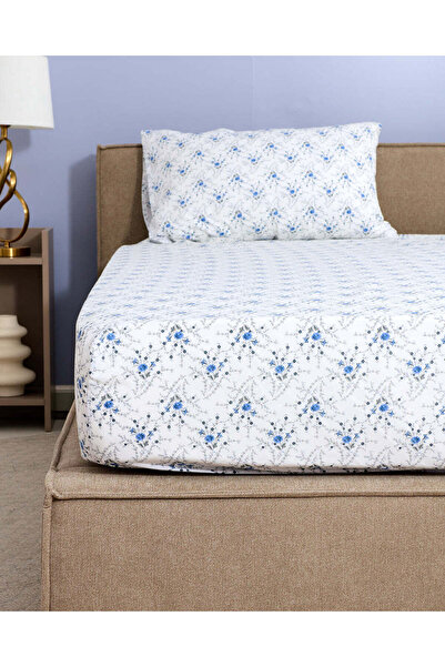 REDTAG White And Blue Floral Printed Fitted Sheet (Double Size)