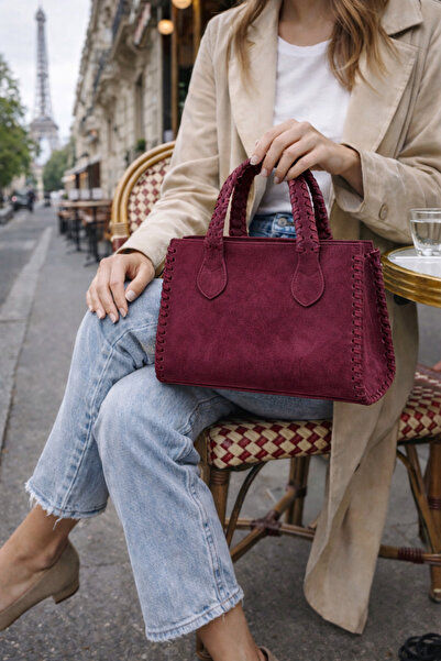 mèche atelier since 2024 Women's Suede Braided Hand and Shoulder Bag Burgundy