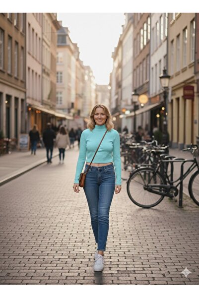 LADY HAZAL Turquoise Mock Neck Blouse Darkalıp Textured Wrinkled Fabric Short Blouse Hzlkir02Bluz
