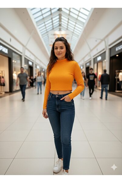 MADAM SHİLA Orange Half Turtleneck Crop Body Slimfit Cotton Wrinkled Fabric Long Sleeve Body Mdmkir03Body