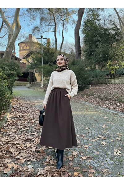 Lunsera Store Pocketed Elastic Waist Skirt-Brown
