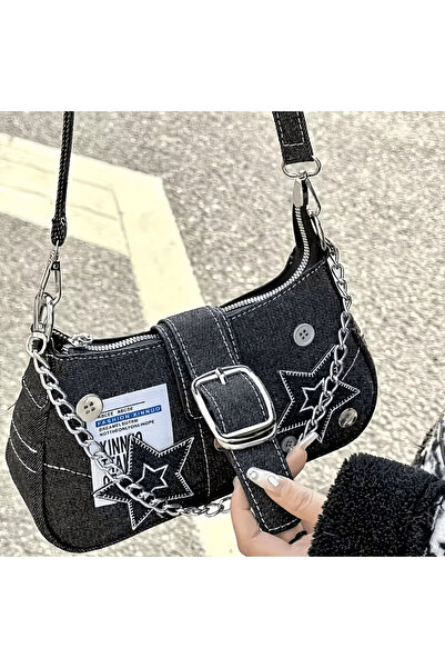 Zümrüt OyuncakStore Siyah Kot Star Düğmeli ve Zincirli Kot Omuz Çantası Lüks ...