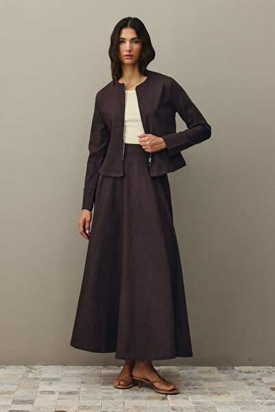 Fahhar Zippered Denim Top Brown