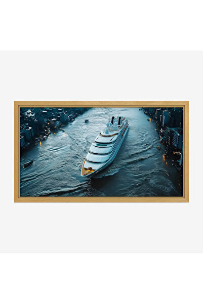 Tajridhome لوحة بحرية تظهر يختًا فاخرًا يبحر في مياه زرقاء هادئة مع أضواء الم...