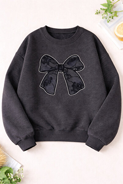 PERISENSE Black Patterned Ribbon Printed Crew Neck Sweatshirt