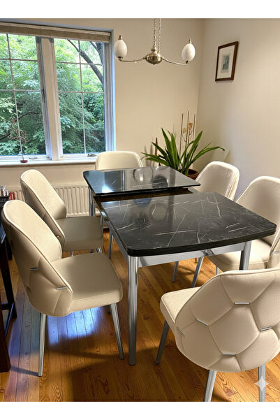 MSY HOME 6 Kişilik Asil Krom Serisi Kelebek Siyah Mermer Desenli Yemek Masası...