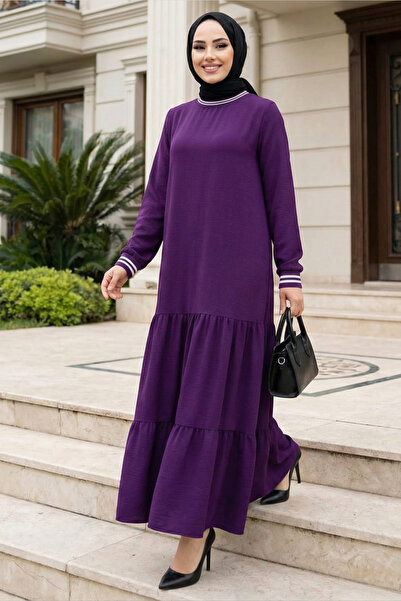 Hb Harma Time Butik Women's Ayrobin Sleeve Ribbed Long Purple Hijab Dress