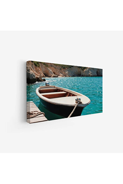 Tajridhome لوحة بحر بألوان زرقاء لامعة وقارب خشبي يرسو على رصيف هادئ، جمادات ...