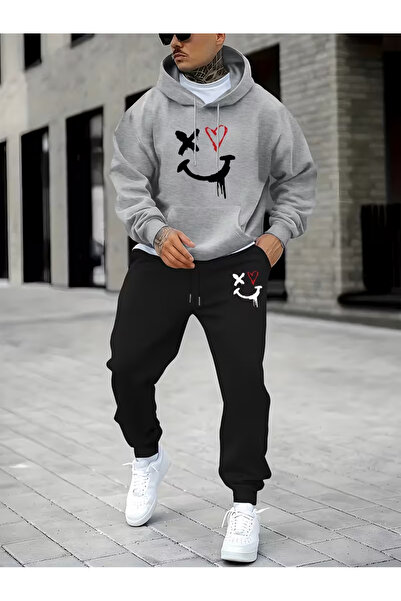 Sweet Cotton Men's Hooded Winter Smıle Printed Tracksuit Set-Top and Bottom Set