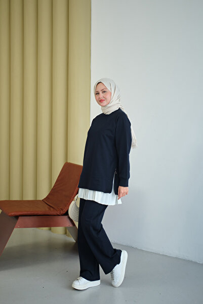 LOCCO Women's Basic Suit with Corded Fabric Zippers on the Sides, Navy Blue