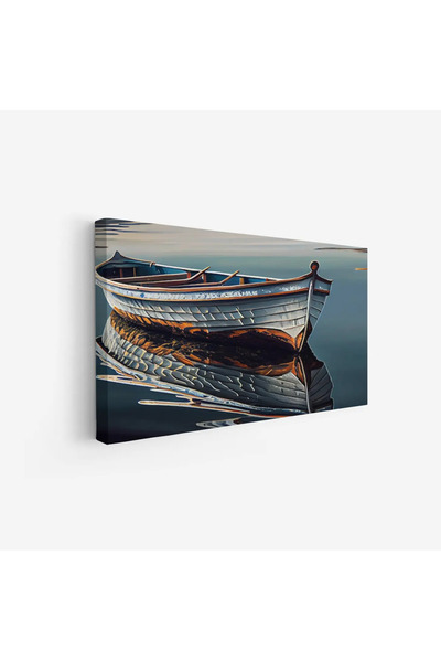 Tajridhome لوحة بحر تعكس قاربًا أبيض على سطح مائي هادئ بألوان دافئة وجو سلمي،...