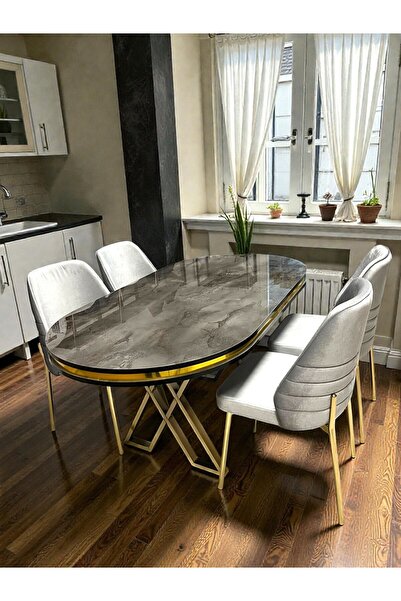 MSY HOME 4 Kişilik Monaco Stil Gold Çizgili Gri Yönsüz Kumaş İroni Oval Masa ...
