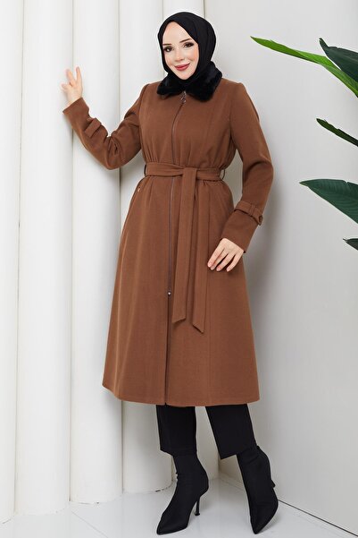 Günay Karaca Plus Size Winter Cashmere Women's Coat Brown 2608