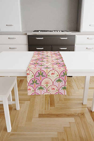 ASDİVA Flamora Tropical Palm Flamingo Pattern Crane Themed Runner Pink-Red