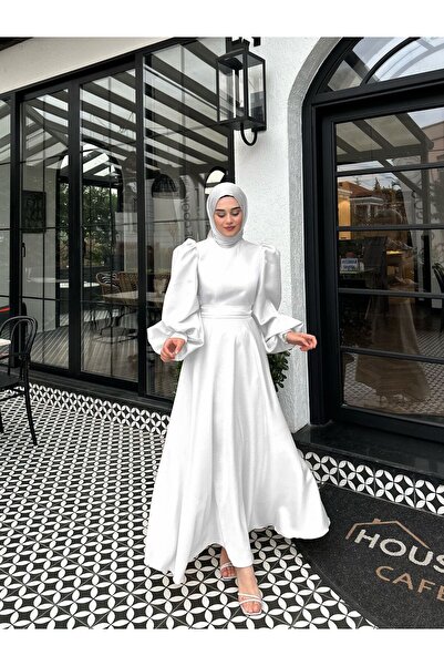 By Atelier White Hazel Balloon Sleeve Hijab Evening Dress