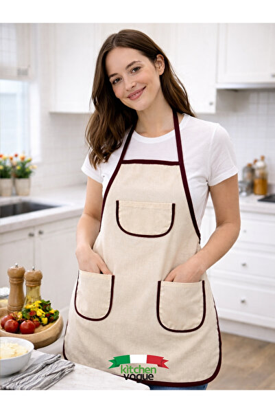Kitchen Vogue Cepli Keten Kumaş Mutfak Önlüğü Minimal Aşçı Önlüğü Günlük Kadı...