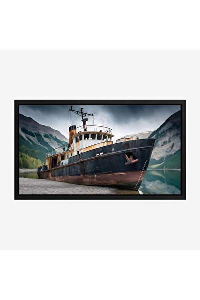 Tajridhome لوحة بحرية لسفينة قديمة تتأمل الجبال، ألوان داكنة ورمادية تعكس الغ...